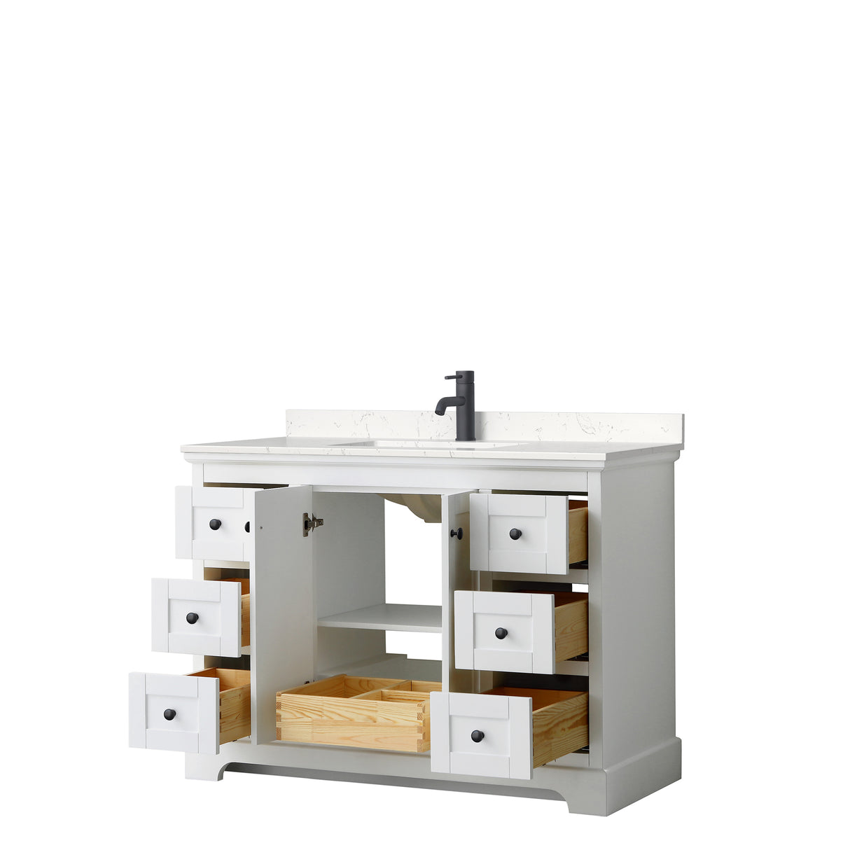 Avery 48 Inch Single Bathroom Vanity in White Carrara Cultured Marble Countertop Undermount Square Sink Matte Black Trim