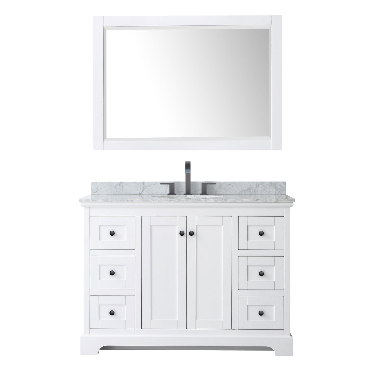 Avery 48 Inch Single Bathroom Vanity in White White Carrara Marble Countertop Undermount Oval Sink Matte Black Trim 46 Inch Mirror