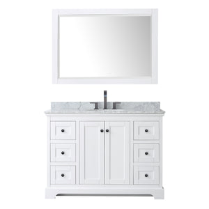 Avery 48 Inch Single Bathroom Vanity in White White Carrara Marble Countertop Undermount Oval Sink Matte Black Trim 46 Inch Mirror