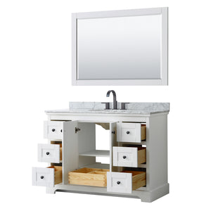 Avery 48 Inch Single Bathroom Vanity in White White Carrara Marble Countertop Undermount Oval Sink Matte Black Trim 46 Inch Mirror