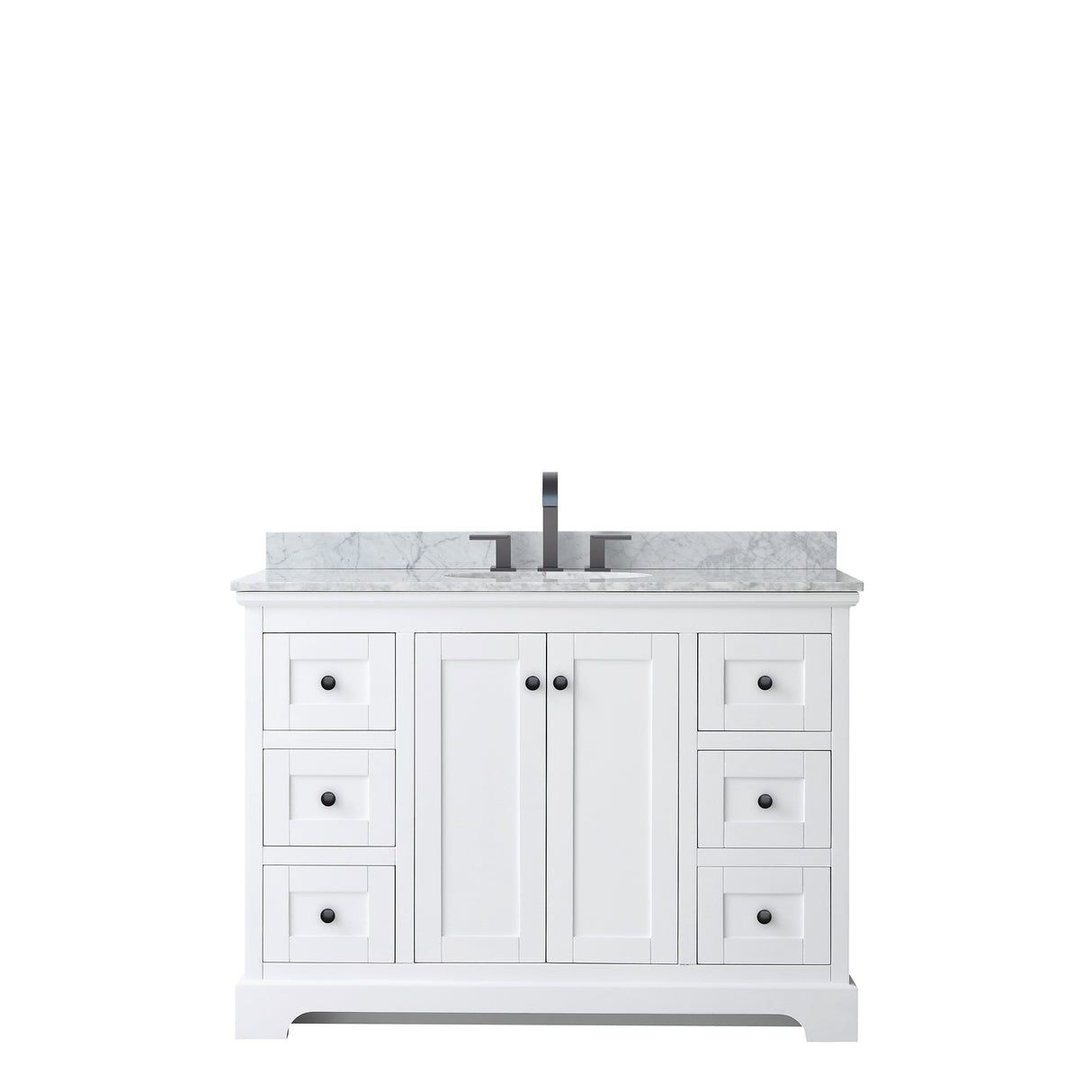Avery 48 Inch Single Bathroom Vanity in White White Carrara Marble Countertop Undermount Oval Sink Matte Black Trim