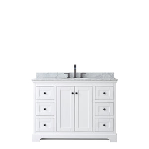 Avery 48 Inch Single Bathroom Vanity in White White Carrara Marble Countertop Undermount Oval Sink Matte Black Trim