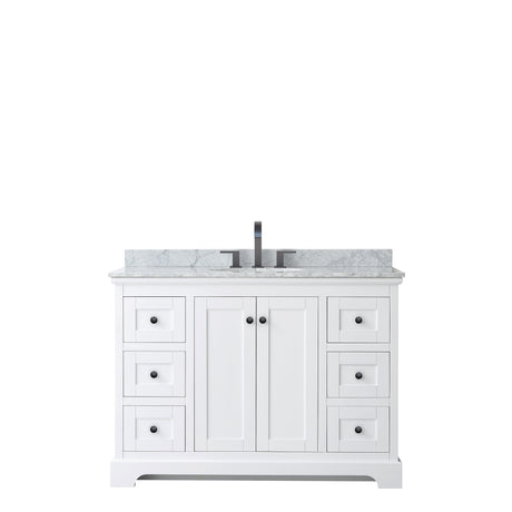 Avery 48 Inch Single Bathroom Vanity in White White Carrara Marble Countertop Undermount Oval Sink Matte Black Trim