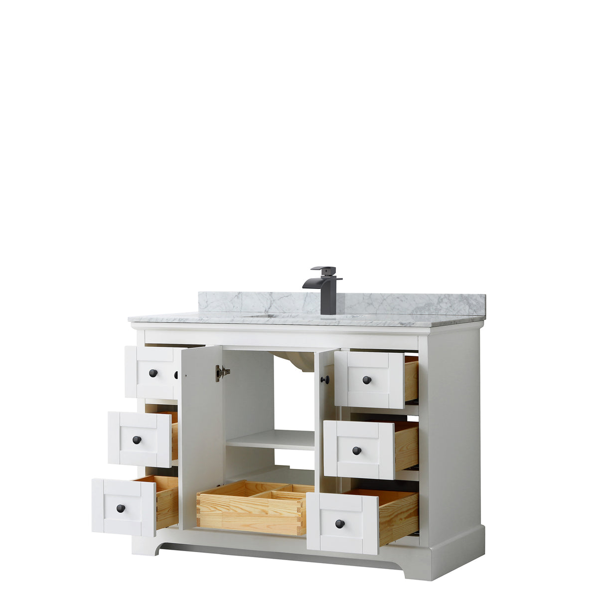 Avery 48 Inch Single Bathroom Vanity in White White Carrara Marble Countertop Undermount Square Sink Matte Black Trim