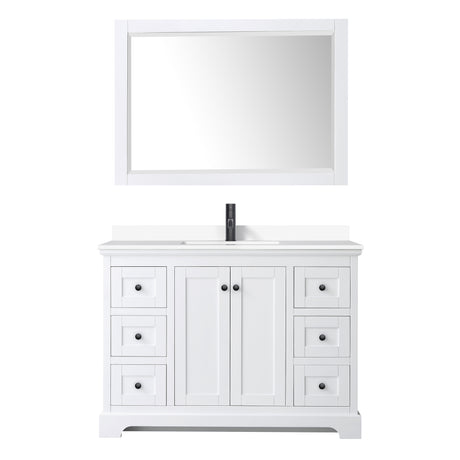 Avery 48 Inch Single Bathroom Vanity in White White Cultured Marble Countertop Undermount Square Sink Matte Black Trim 46 Inch Mirror