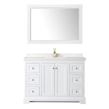 Avery 48 Inch Single Bathroom Vanity in White Carrara Cultured Marble Countertop Undermount Square Sink 46 Inch Mirror Brushed Gold Trim