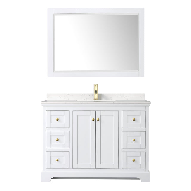 Avery 48 Inch Single Bathroom Vanity in White Carrara Cultured Marble Countertop Undermount Square Sink 46 Inch Mirror Brushed Gold Trim