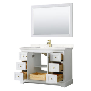 Avery 48 Inch Single Bathroom Vanity in White Carrara Cultured Marble Countertop Undermount Square Sink 46 Inch Mirror Brushed Gold Trim
