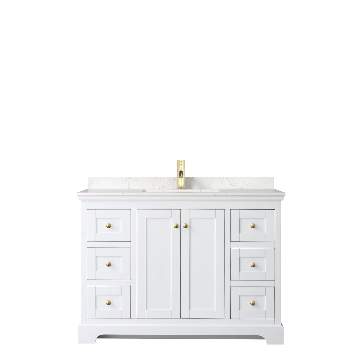 Avery 48 Inch Single Bathroom Vanity in White Carrara Cultured Marble Countertop Undermount Square Sink Brushed Gold Trim