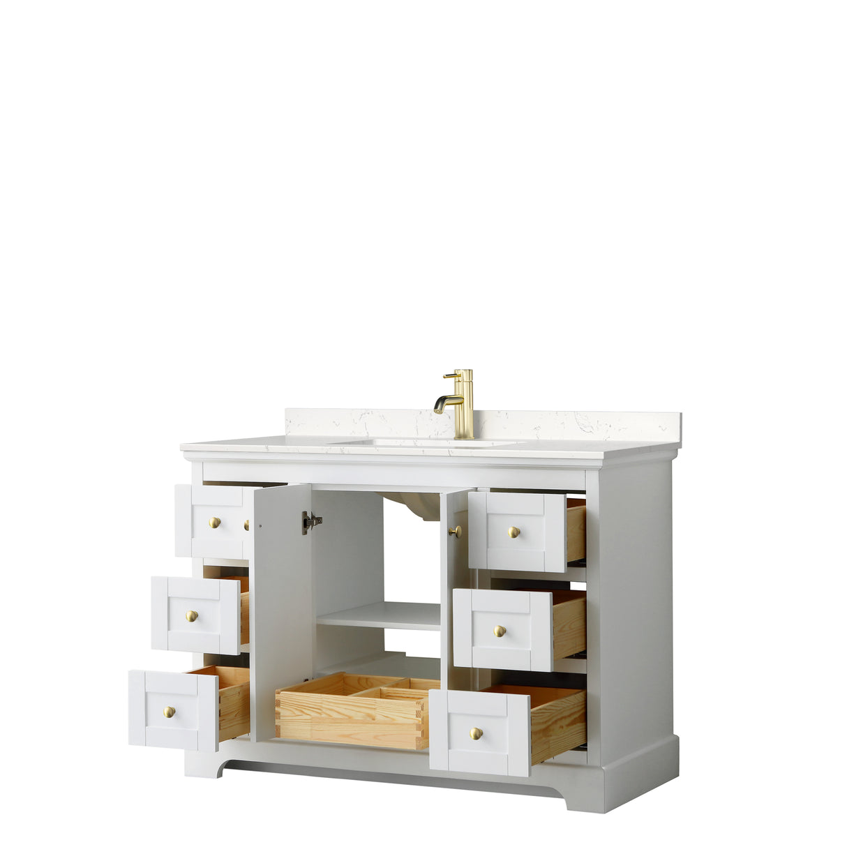 Avery 48 Inch Single Bathroom Vanity in White Carrara Cultured Marble Countertop Undermount Square Sink Brushed Gold Trim