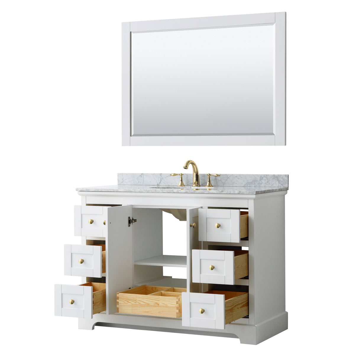 Avery 48 Inch Single Bathroom Vanity in White White Carrara Marble Countertop Undermount Oval Sink 46 Inch Mirror Brushed Gold Trim
