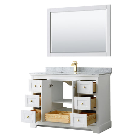 Avery 48 Inch Single Bathroom Vanity in White White Carrara Marble Countertop Undermount Square Sink 46 Inch Mirror Brushed Gold Trim