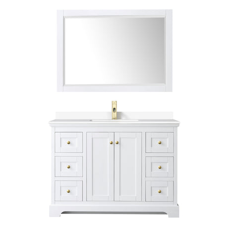 Avery 48 Inch Single Bathroom Vanity in White White Cultured Marble Countertop Undermount Square Sink 46 Inch Mirror Brushed Gold Trim