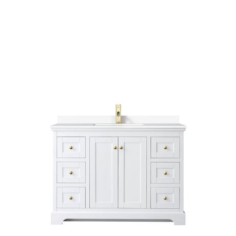 Avery 48 Inch Single Bathroom Vanity in White White Cultured Marble Countertop Undermount Square Sink Brushed Gold Trim