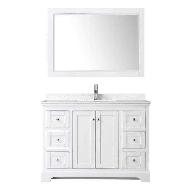 Avery 48 Inch Single Bathroom Vanity in White Carrara Cultured Marble Countertop Undermount Square Sink 46 Inch Mirror