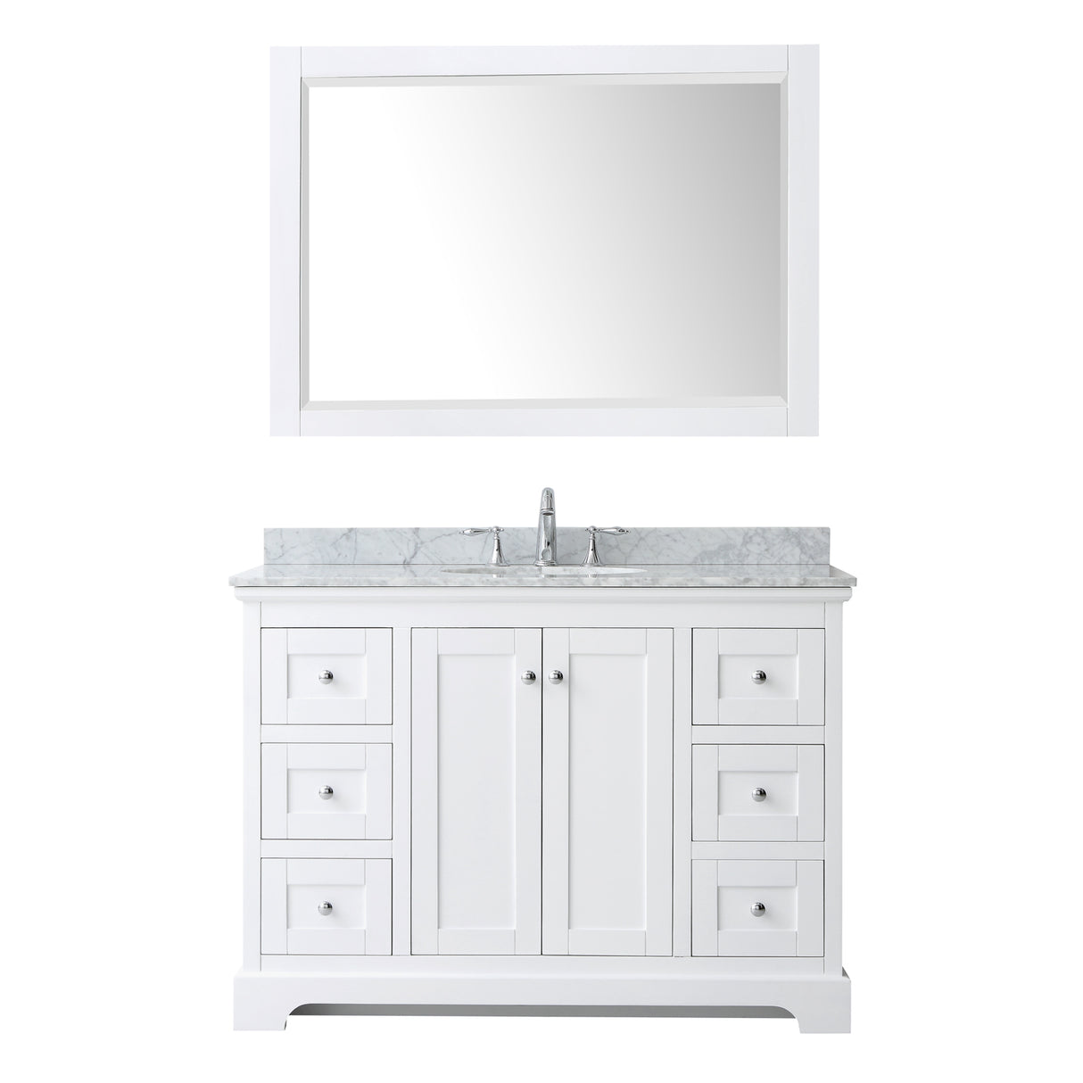 Avery 48 Inch Single Bathroom Vanity in White White Carrara Marble Countertop Undermount Oval Sink and 46 Inch Mirror