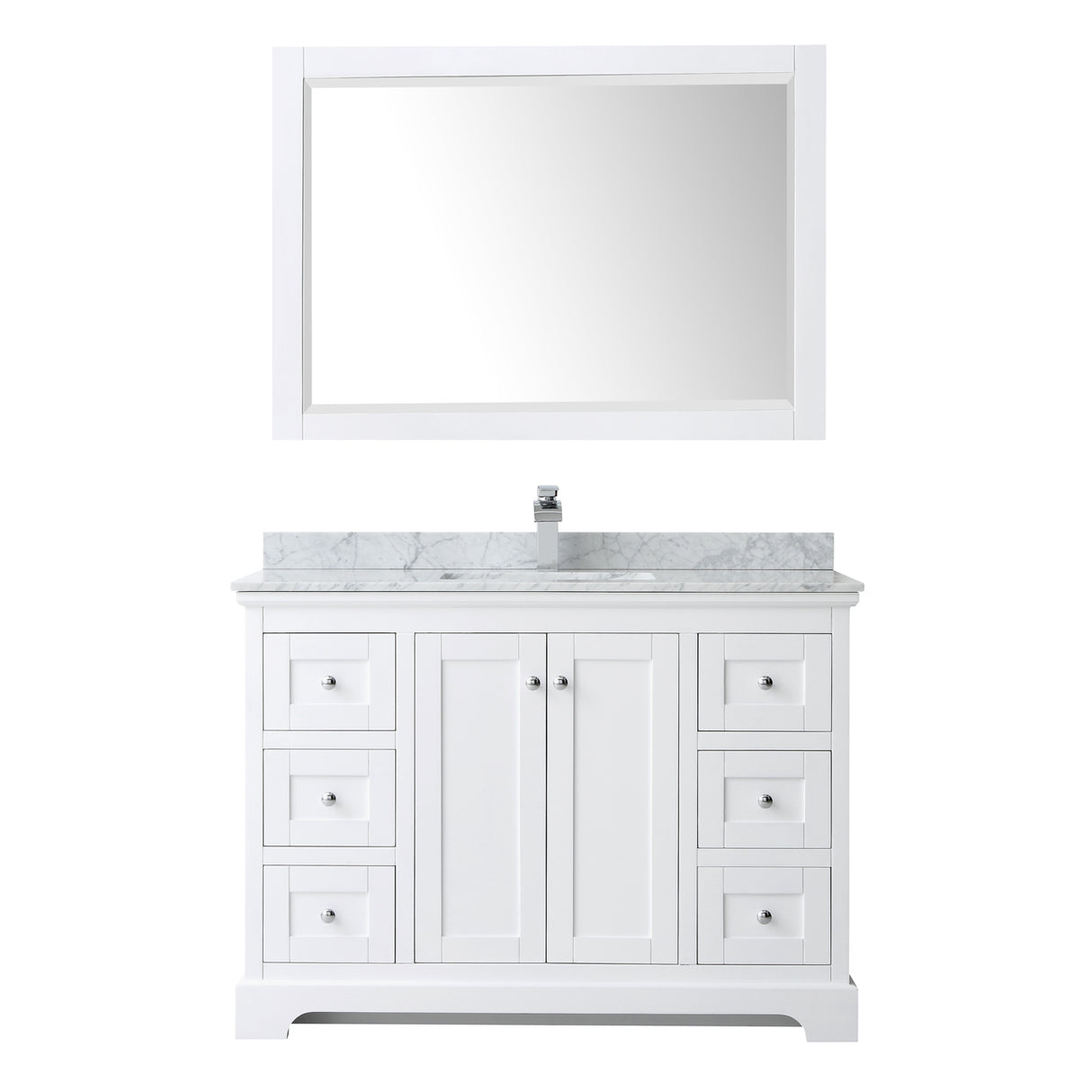 Avery 48 Inch Single Bathroom Vanity in White White Carrara Marble Countertop Undermount Square Sink and 46 Inch Mirror