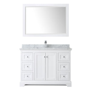 Avery 48 Inch Single Bathroom Vanity in White White Carrara Marble Countertop Undermount Square Sink and 46 Inch Mirror