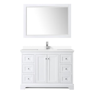 Avery 48 Inch Single Bathroom Vanity in White White Cultured Marble Countertop Undermount Square Sink 46 Inch Mirror