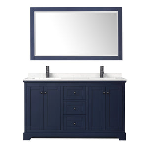 Avery 60 Inch Double Bathroom Vanity in Dark Blue Carrara Cultured Marble Countertop Undermount Square Sinks Matte Black Trim 58 Inch Mirror
