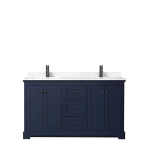 Avery 60 Inch Double Bathroom Vanity in Dark Blue Carrara Cultured Marble Countertop Undermount Square Sinks Matte Black Trim