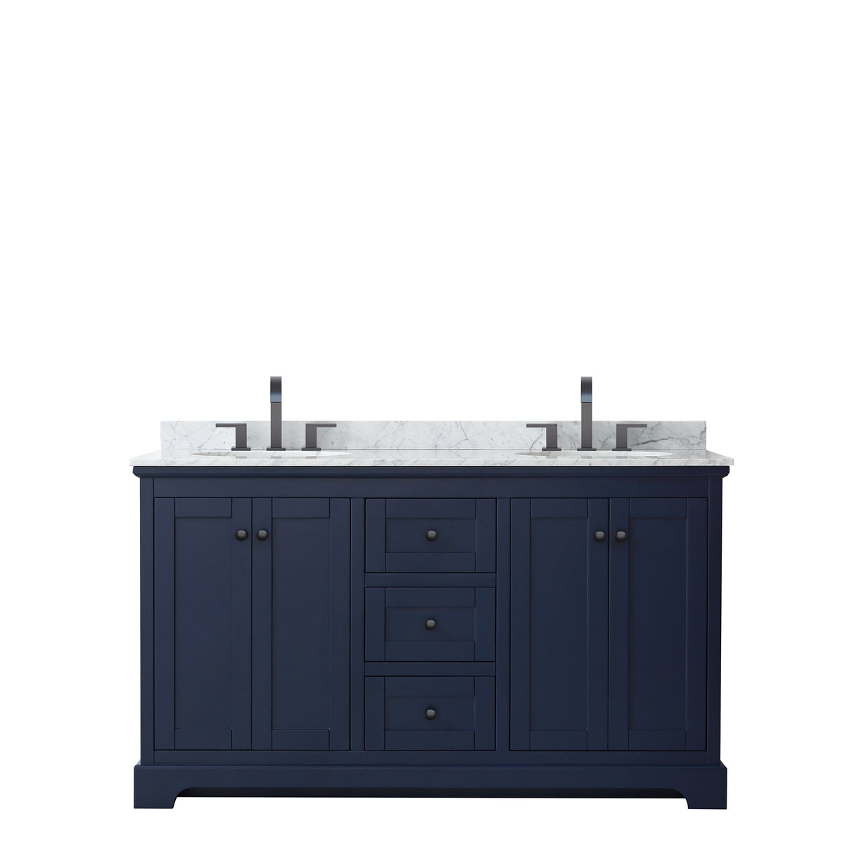 Avery 60 Inch Double Bathroom Vanity in Dark Blue White Carrara Marble Countertop Undermount Oval Sinks Matte Black Trim