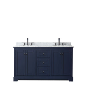 Avery 60 Inch Double Bathroom Vanity in Dark Blue White Carrara Marble Countertop Undermount Oval Sinks Matte Black Trim