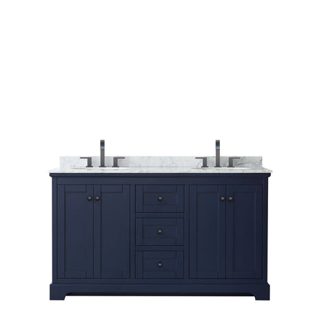 Avery 60 Inch Double Bathroom Vanity in Dark Blue White Carrara Marble Countertop Undermount Oval Sinks Matte Black Trim