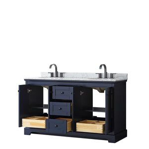Avery 60 Inch Double Bathroom Vanity in Dark Blue White Carrara Marble Countertop Undermount Oval Sinks Matte Black Trim