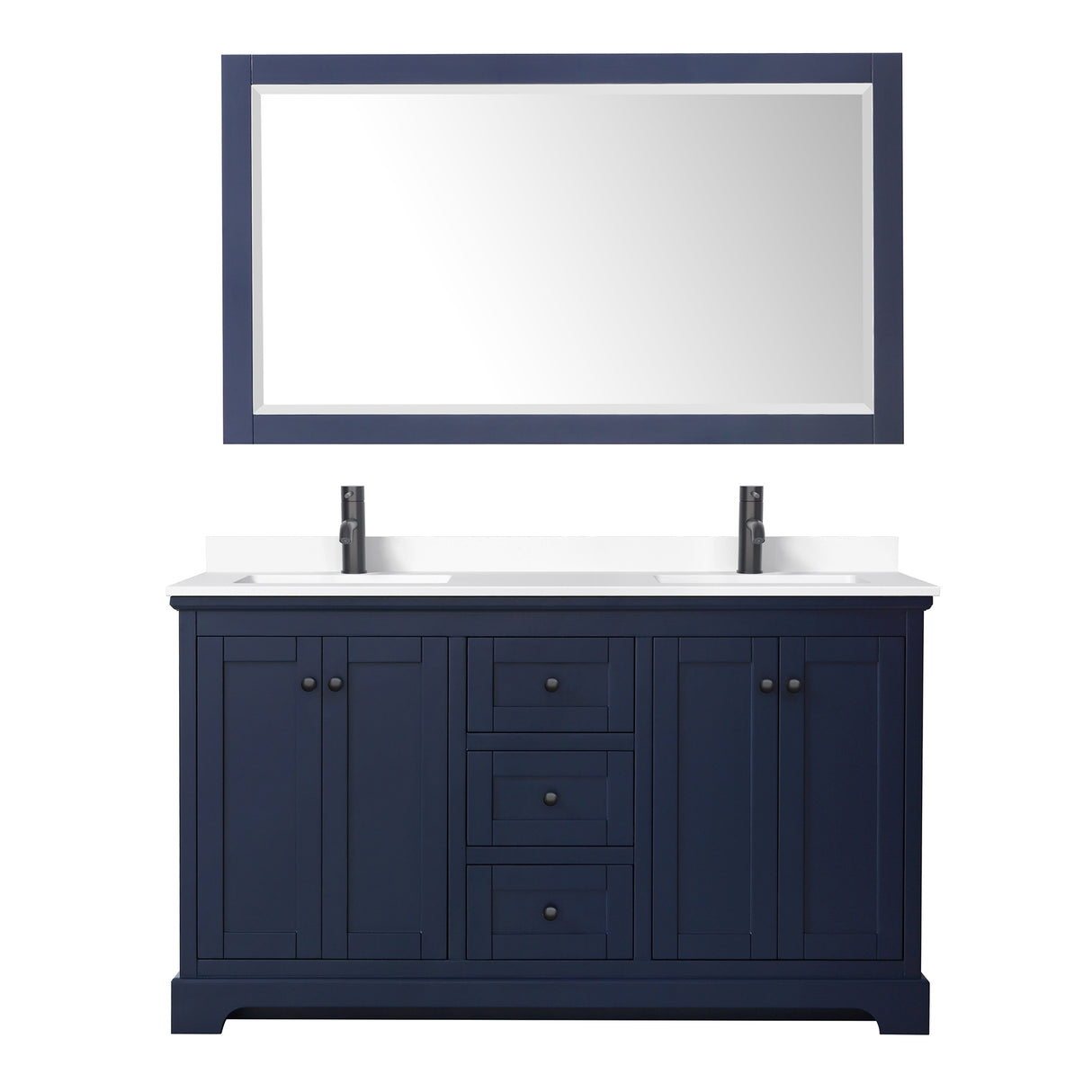 Avery 60 Inch Double Bathroom Vanity in Dark Blue White Cultured Marble Countertop Undermount Square Sinks Matte Black Trim 58 Inch Mirror