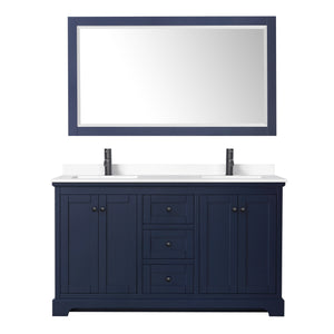 Avery 60 Inch Double Bathroom Vanity in Dark Blue White Cultured Marble Countertop Undermount Square Sinks Matte Black Trim 58 Inch Mirror