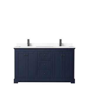 Avery 60 Inch Double Bathroom Vanity in Dark Blue White Cultured Marble Countertop Undermount Square Sinks Matte Black Trim