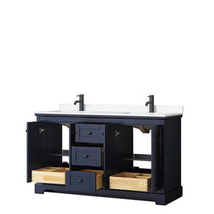 Avery 60 Inch Double Bathroom Vanity in Dark Blue White Cultured Marble Countertop Undermount Square Sinks Matte Black Trim