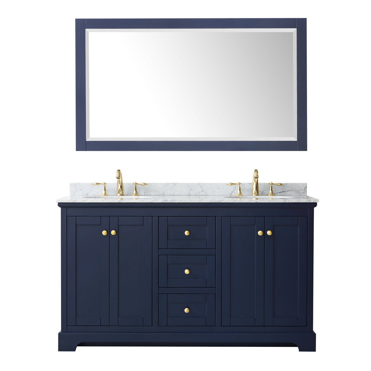 Avery 60 Inch Double Bathroom Vanity in Dark Blue White Carrara Marble Countertop Undermount Oval Sinks and 58 Inch Mirror
