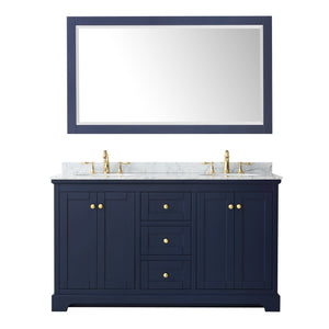 Avery 60 Inch Double Bathroom Vanity in Dark Blue White Carrara Marble Countertop Undermount Oval Sinks and 58 Inch Mirror