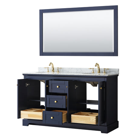 Avery 60 Inch Double Bathroom Vanity in Dark Blue White Carrara Marble Countertop Undermount Oval Sinks and 58 Inch Mirror