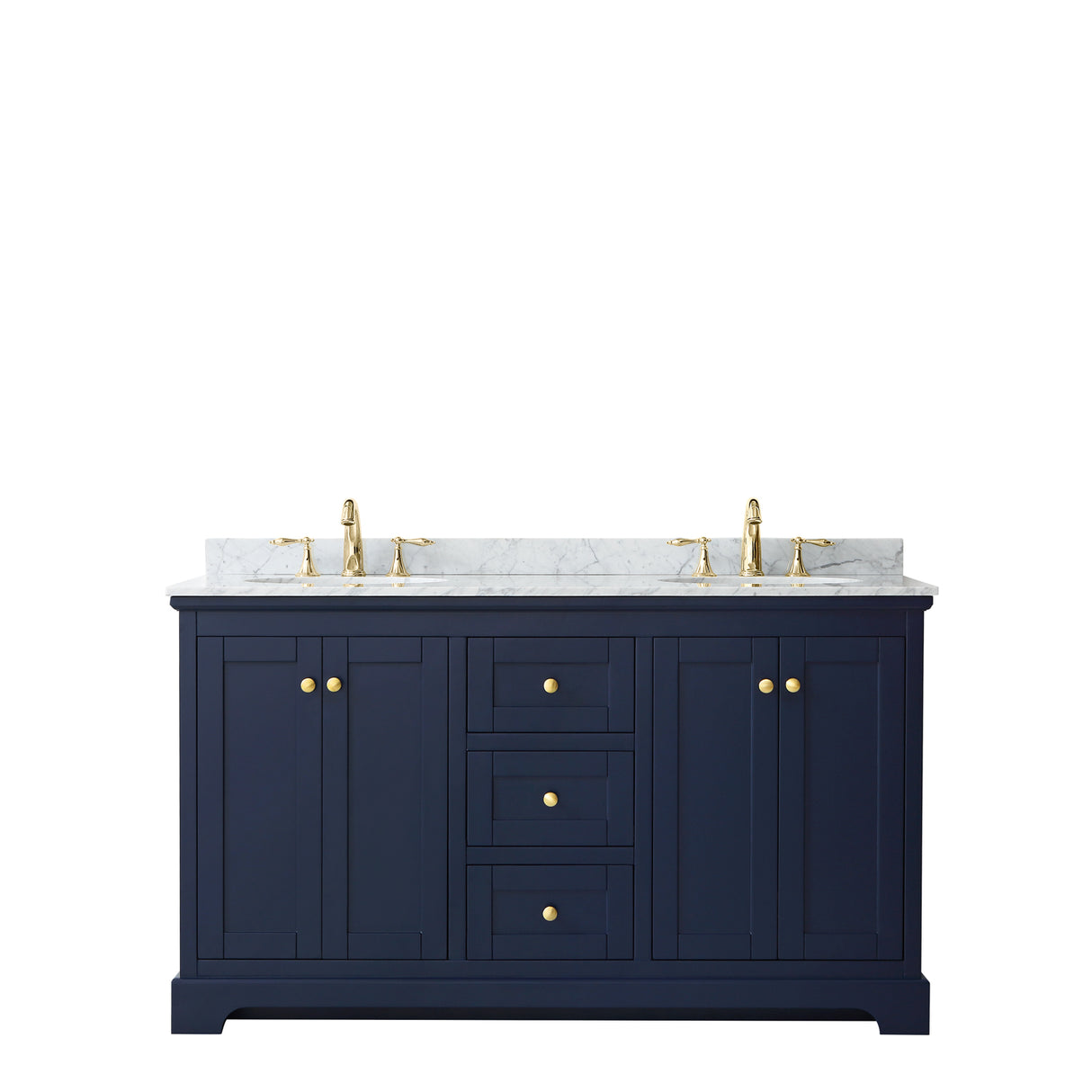 Avery 60 Inch Double Bathroom Vanity in Dark Blue White Carrara Marble Countertop Undermount Oval Sinks and No Mirror