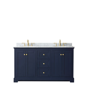 Avery 60 Inch Double Bathroom Vanity in Dark Blue White Carrara Marble Countertop Undermount Oval Sinks and No Mirror