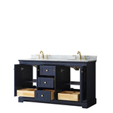 Avery 60 Inch Double Bathroom Vanity in Dark Blue White Carrara Marble Countertop Undermount Oval Sinks and No Mirror