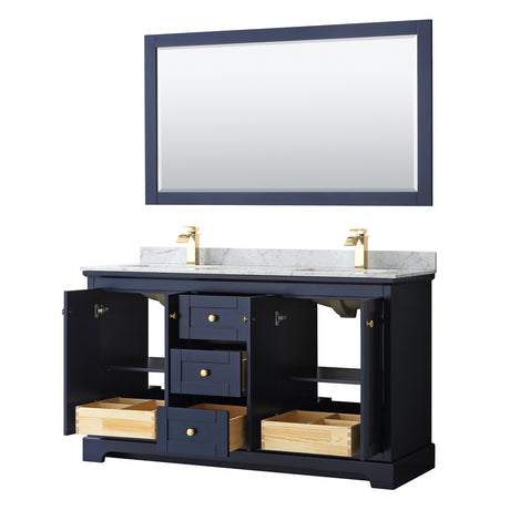 Avery 60 Inch Double Bathroom Vanity in Dark Blue White Carrara Marble Countertop Undermount Square Sinks and 58 Inch Mirror