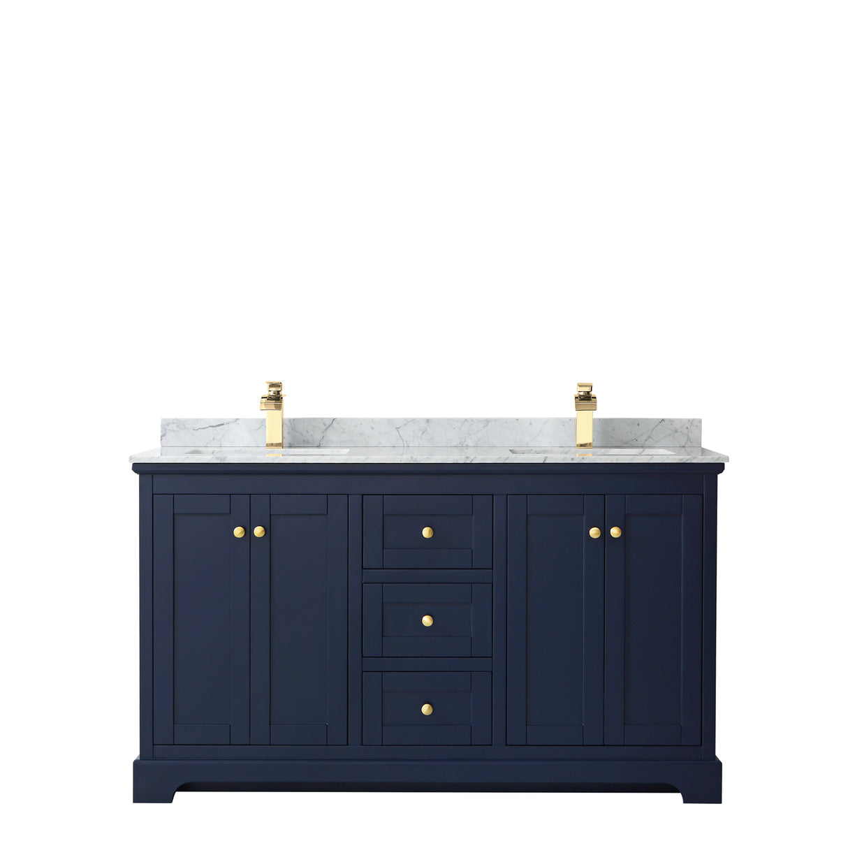 Avery 60 Inch Double Bathroom Vanity in Dark Blue White Carrara Marble Countertop Undermount Square Sinks and No Mirror