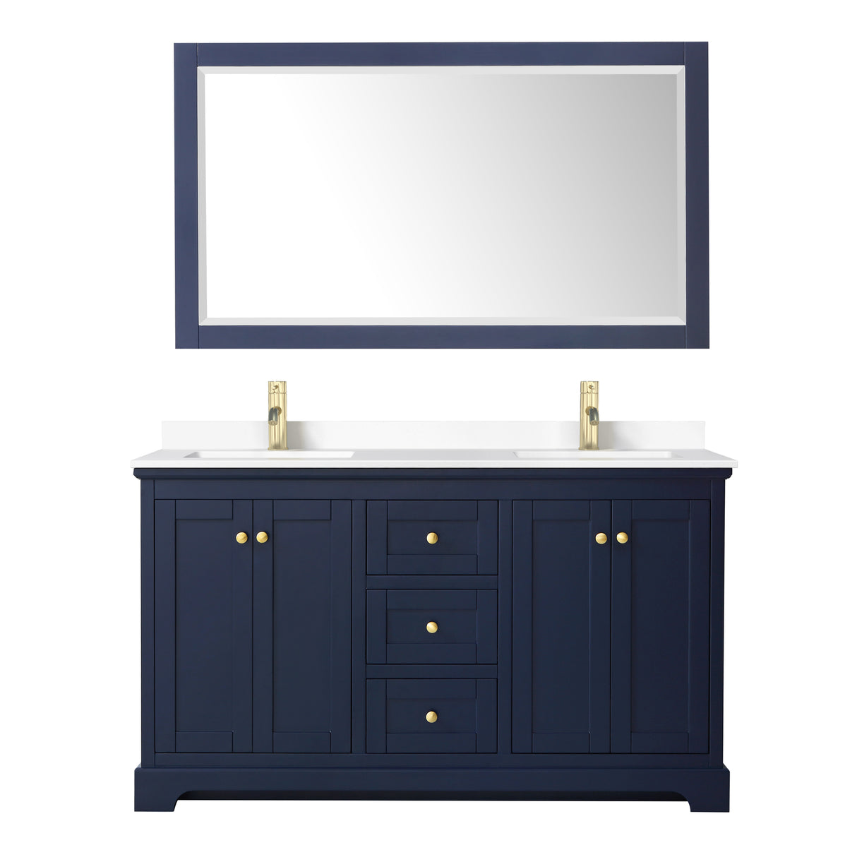 Avery 60 Inch Double Bathroom Vanity in Dark Blue White Cultured Marble Countertop Undermount Square Sinks 58 Inch Mirror