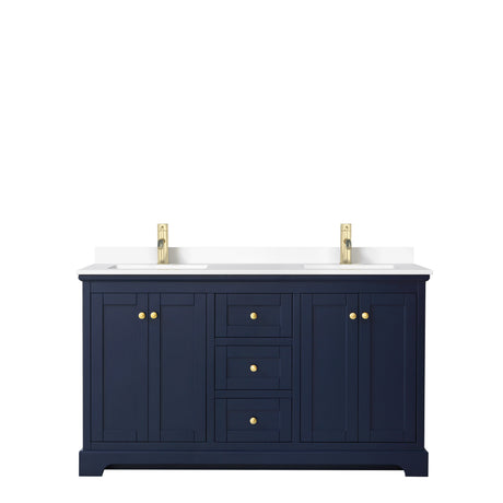 Avery 60 Inch Double Bathroom Vanity in Dark Blue White Cultured Marble Countertop Undermount Square Sinks No Mirror