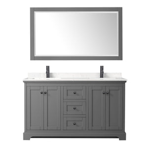 Avery 60 Inch Double Bathroom Vanity in Dark Gray Carrara Cultured Marble Countertop Undermount Square Sinks Matte Black Trim 58 Inch Mirror