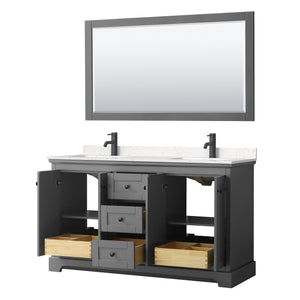 Avery 60 Inch Double Bathroom Vanity in Dark Gray Carrara Cultured Marble Countertop Undermount Square Sinks Matte Black Trim 58 Inch Mirror