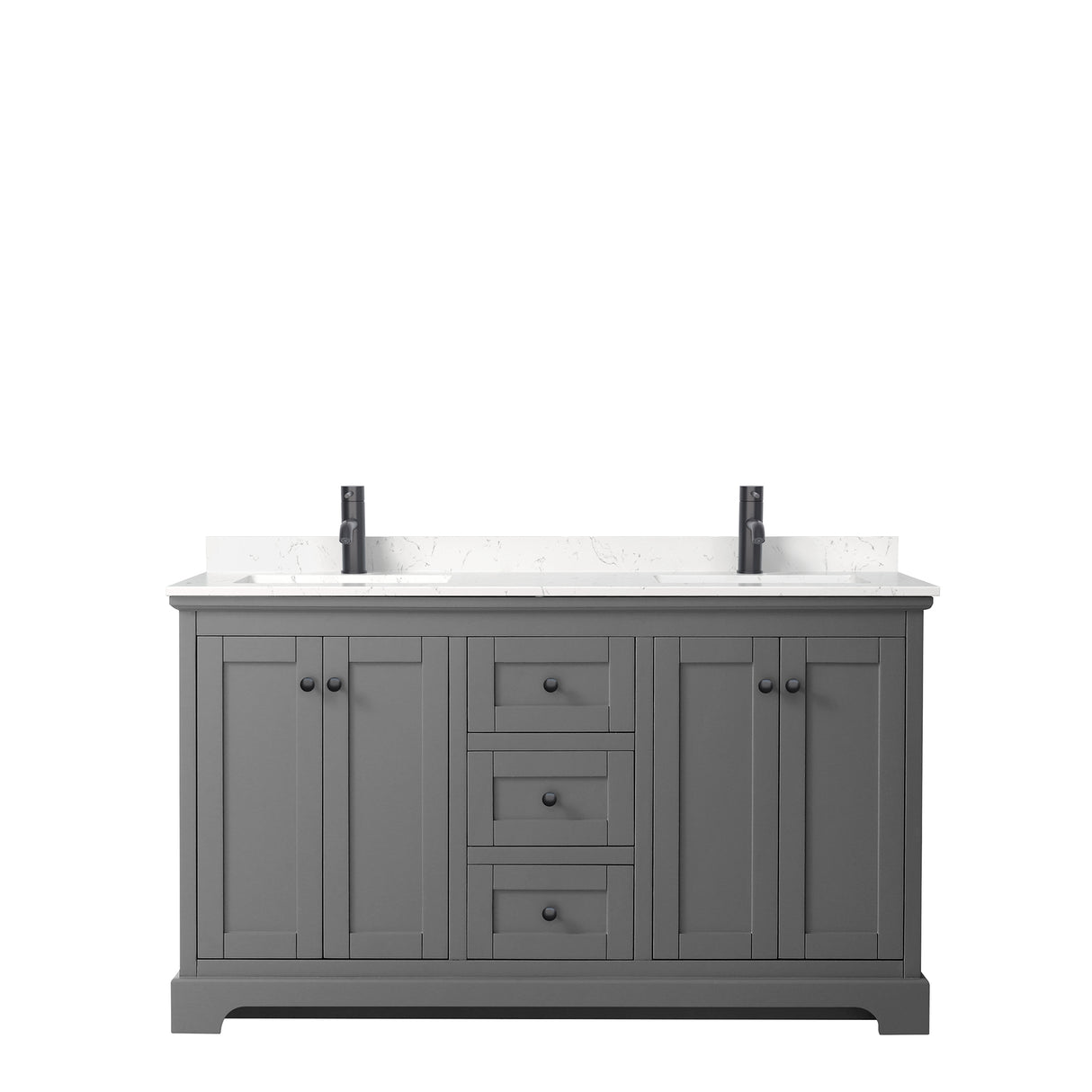 Avery 60 Inch Double Bathroom Vanity in Dark Gray Carrara Cultured Marble Countertop Undermount Square Sinks Matte Black Trim