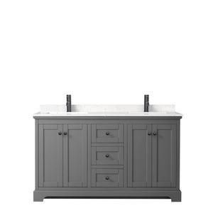 Avery 60 Inch Double Bathroom Vanity in Dark Gray Carrara Cultured Marble Countertop Undermount Square Sinks Matte Black Trim