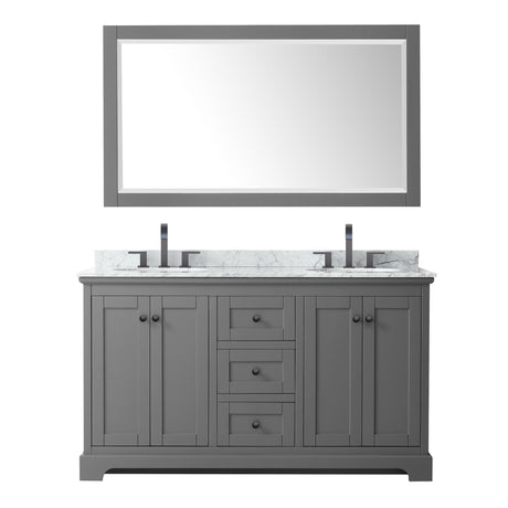 Avery 60 Inch Double Bathroom Vanity in Dark Gray White Carrara Marble Countertop Undermount Oval Sinks Matte Black Trim 58 Inch Mirror