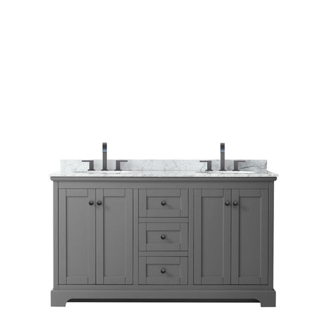 Avery 60 Inch Double Bathroom Vanity in Dark Gray White Carrara Marble Countertop Undermount Oval Sinks Matte Black Trim