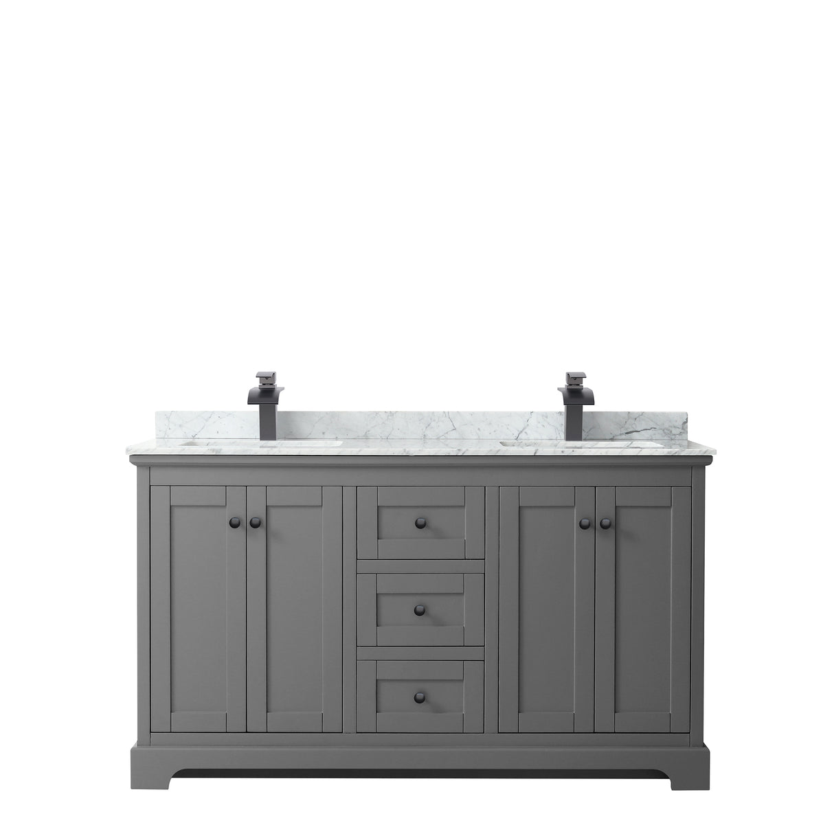 Avery 60 Inch Double Bathroom Vanity in Dark Gray White Carrara Marble Countertop Undermount Square Sinks Matte Black Trim